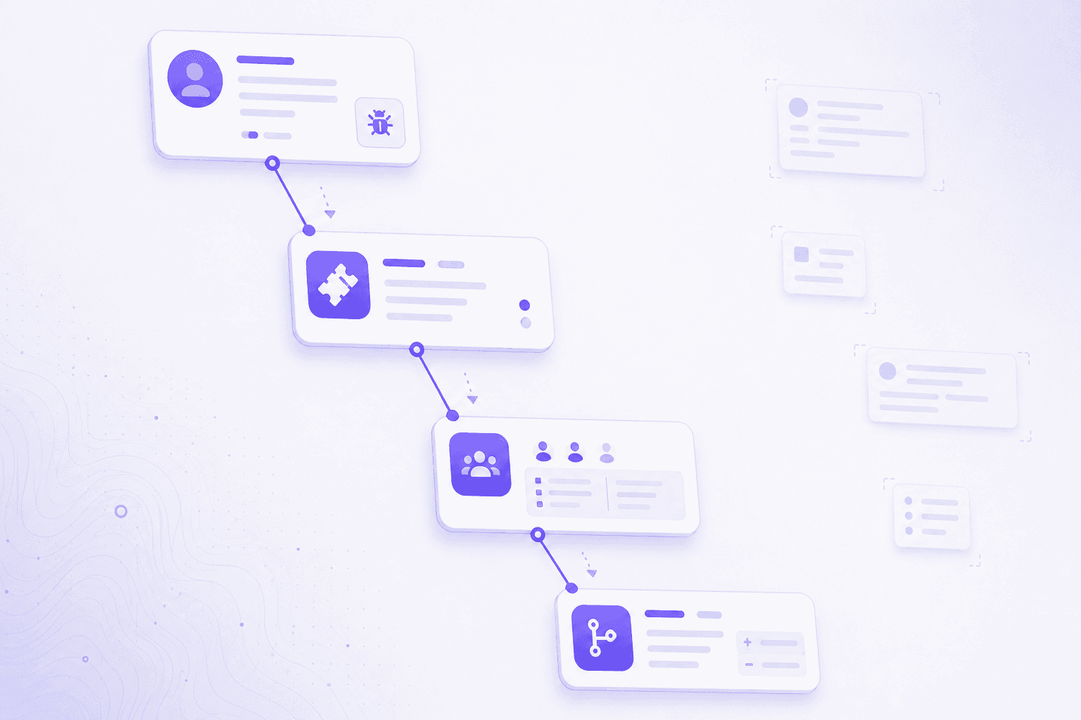 A causal tree of linked artifacts (bug, ticket, meeting, PR) traced along typed edges.